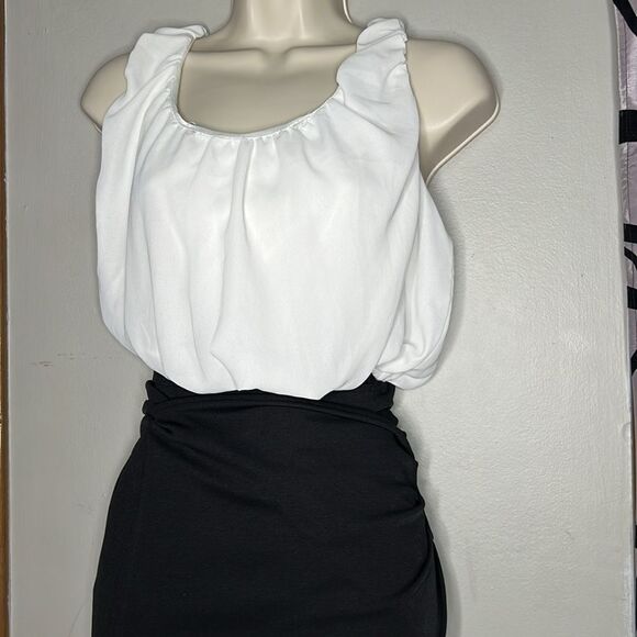 Women’s black and white color block dress with wrap skirt, size small - Picture 2 of 10